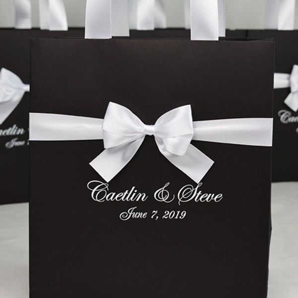 

gift wrap personalized chic wedding welcome bags with satin ribbon bow and your names, elegant bag for favor guests