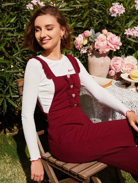 

heart buttoned frill trim pinafore jumpsuit without q1vk#, White