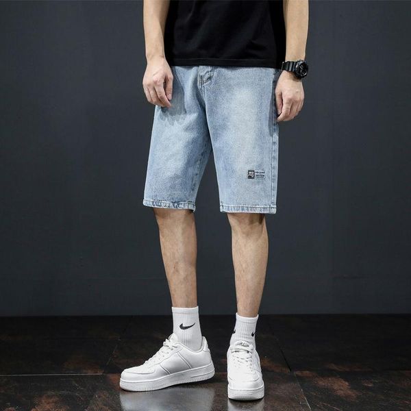 

men's jeans labeled men wide-leg straight shorts oversize trend brand japanese loose denim five-point pants casual overalls summer, Blue