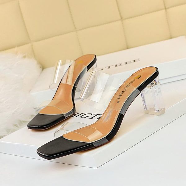 

european and american fashion transparent hollow thick heel high heels square toe open summer sandals slippers shoes, Black