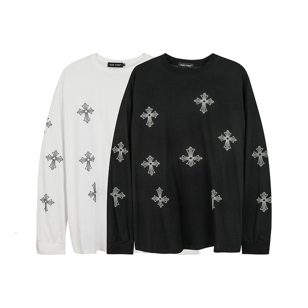 

t shirt gaojiechao brand drill cross round neck long sleeve, White;black