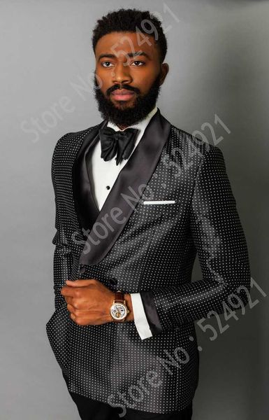 Изготовленные на заказ мужские костюмы черный с белым точком Groom смокинги шаль сатин отворот жениха свадьба лучший человек (куртка + брюки + галстук) C739 x0909
