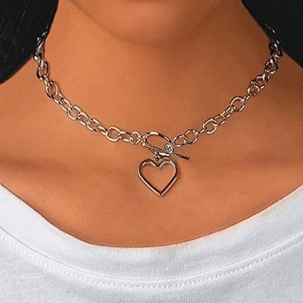 

chains thick chain clasp gold color claps necklaces heart pendant for women minimalist choker ot buckle necklace jewelry 2021, Silver
