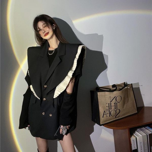 

women's suits & blazers korean version flounces stitching business suit waistcoat women autumn long black jacket design sense niche sle, White;black