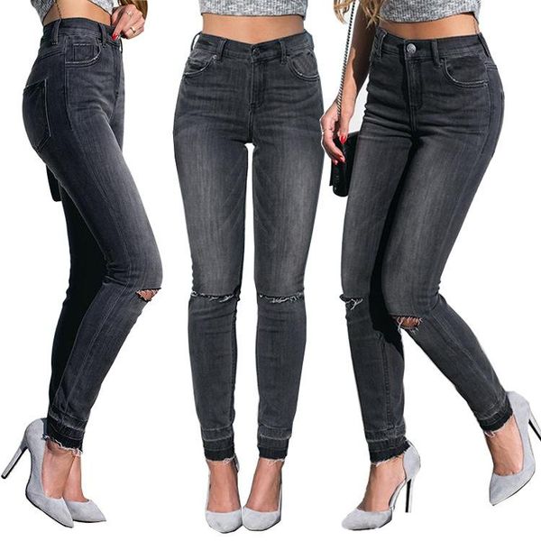 

women's jeans autumn slim stretch ladies ripped holes tassels denim trousers middle waist black straight leg, Blue