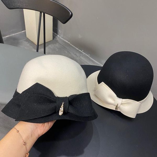 

stingy brim hats 2021 black white stitching wool fedora hat french elegant cloche basin caps winter fashion designer, Blue;gray