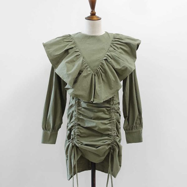 

perhaps u solid long-sleeved o-neck collar slim dress mini elegant sweet women ruffled drawstring pleated a-line dress d3027 210529, Black;gray