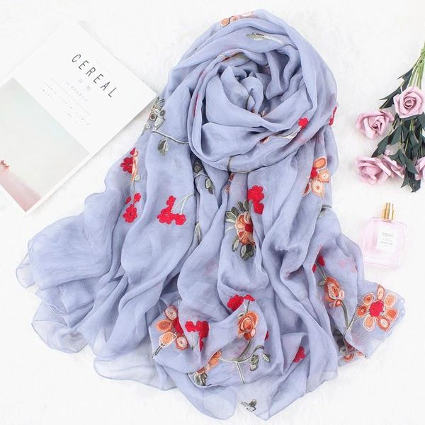 

scarves fashion embroidered for ladies autumn winter silk oversized long wrap floral women seaside shawl, Blue;gray