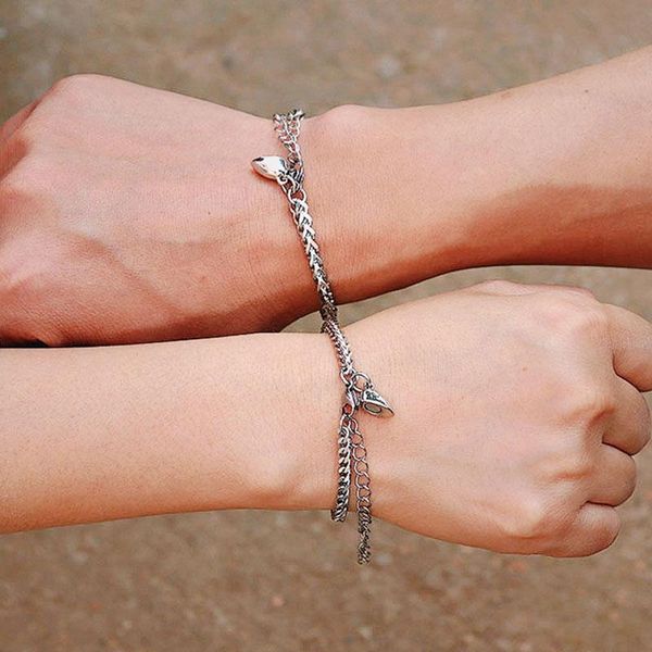 

charm bracelets 2pcs/pair love heart magnet couple bracelet adjustable stainless steel matching braslet distance attract lucky string bracle, Golden;silver