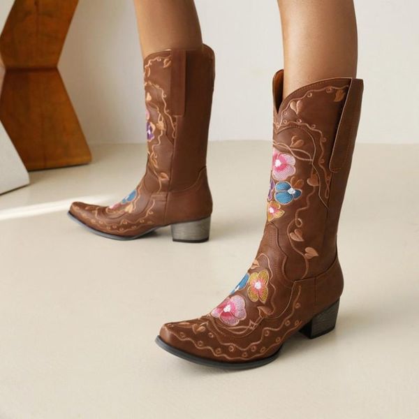 

boots beautiful embroidery flower cowboy woman big plus cowgirl western women winter shoes nude brown footwear botas mujer, Black