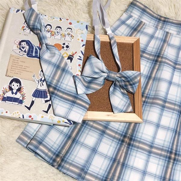 

skirts spring's sound original design water blue plaid checks pleated skirt good quality sharp pleats preppy style & necktie/neckbow, Black
