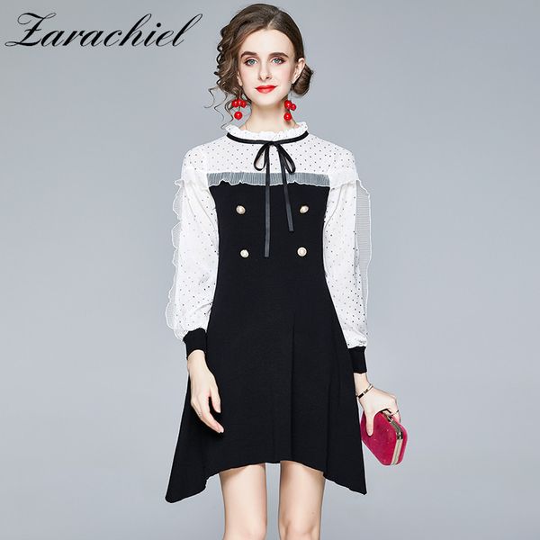 

elegant women ruffles long sleeve patchwork knitted autumn female sweet bow collar pearls buttons sweater slim party dress 210416, Black;gray