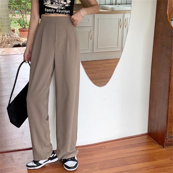 

women's pants & capris hzirip all match summer loose high waist chic trousers 2021 casual femme straight solid thin wide leg women plus, Black;white