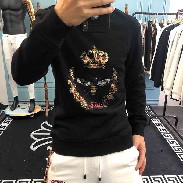 

2021 autumn new brand men's wear long sleeve round neck pullover sweater bee trend fashion men, Black