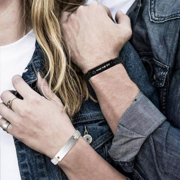

link, chain couples bracelets for women men, german you are mine forever engraved bangle, adjustable braided rope love promised, Black