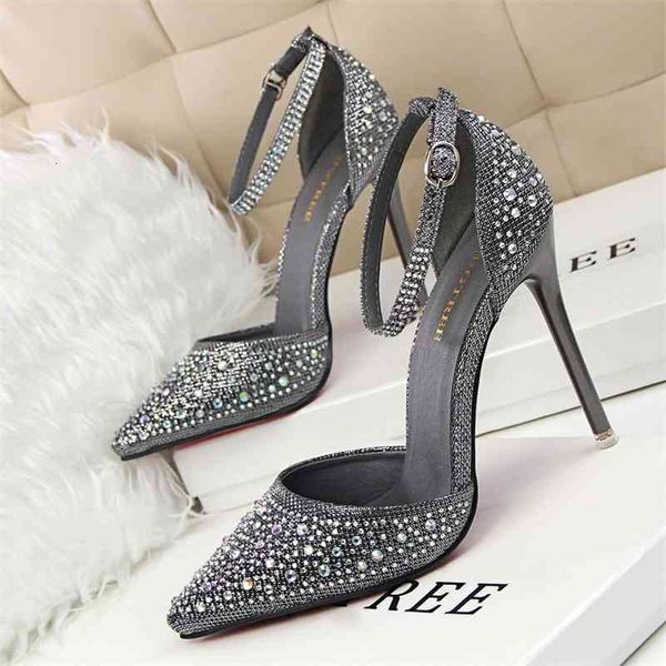 

sandals 305-3 korean twinkle rhinestone fine high with shallow mouth sharp hollow out one word bring sweet princess shoe u8ho, Black