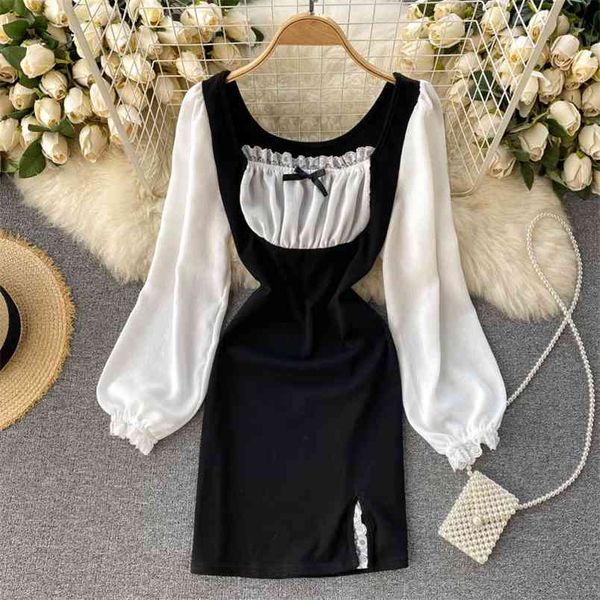 

autumn winter temperament fashion dress women's lace square collar contrast stitching puff sleeve slim short uk908 210506, Black;gray