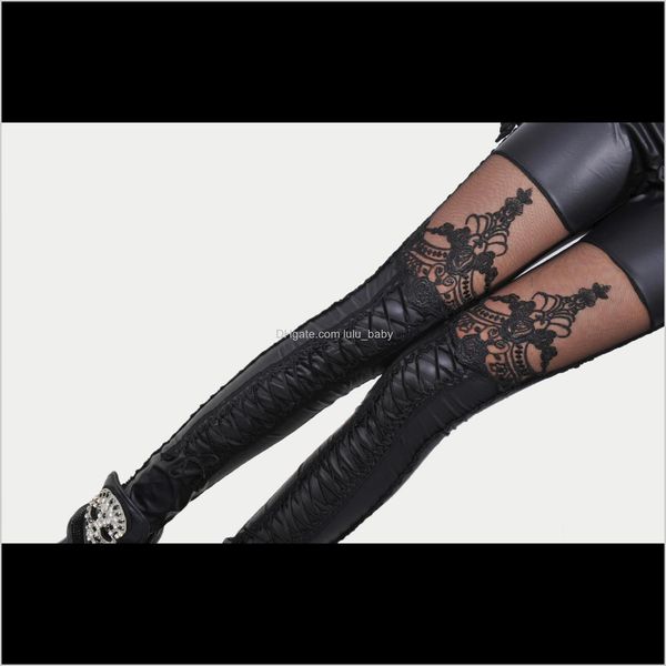 

sheer tights womens clothing apparelblack legins punk gothic fashion leggings pu leather stitching embroidery hollow lace legging, Black