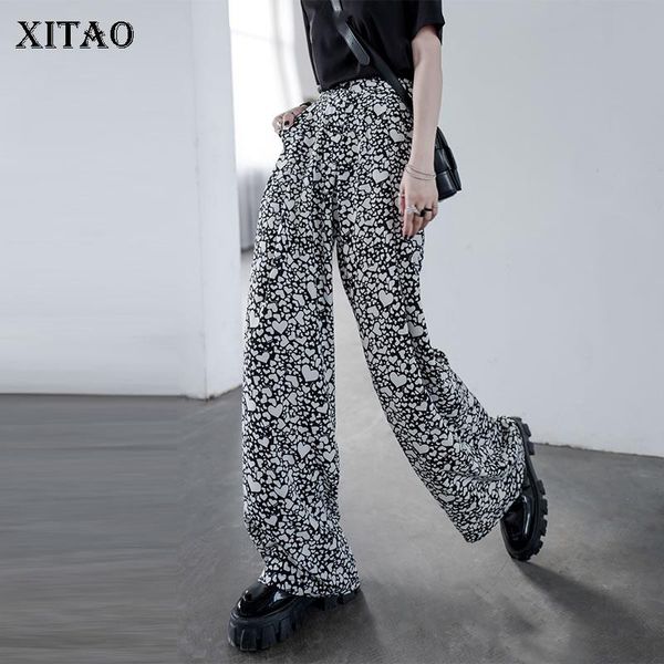 

women's pants & capris xitao chiffon women wide leg fashion print pattern elastic waist 2021 autumn high minority casual zp1880, Black;white