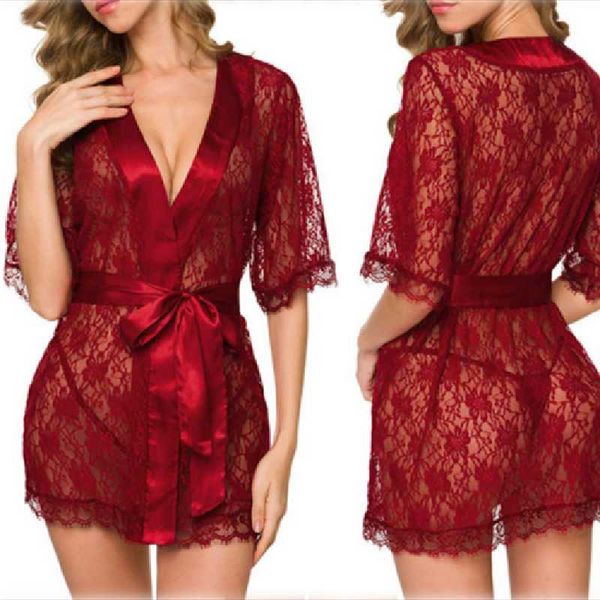 

women's sleepwear lace bathrobe kimono erotic babydoll robe set lingerie mesh see-through nightgown loungewear s-2xl, Black;red