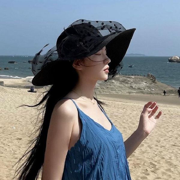 

wide brim hats summer french big large straw hat elegant dot mesh lady sun outdoor women leisure cap fashion vacation gorass, Blue;gray