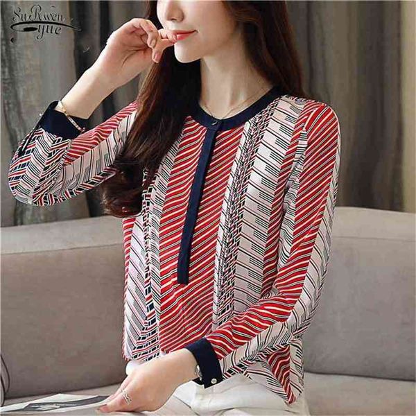

blusa feminina autumn long sleeve chiffon blouse o neck women striped shirt fashion woman s 1141 210421, White
