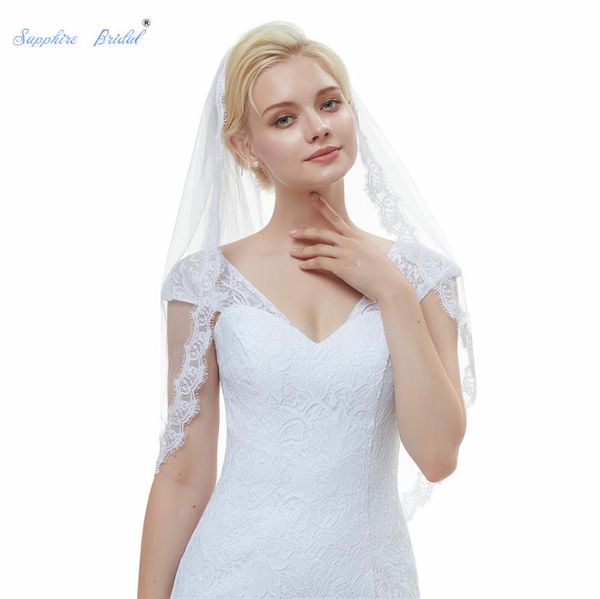 

bridal veils sapphire 2021 velo de novia in stock lace edge elbow length veil white ivory tulle 1 tiers short wedding with comb, Black