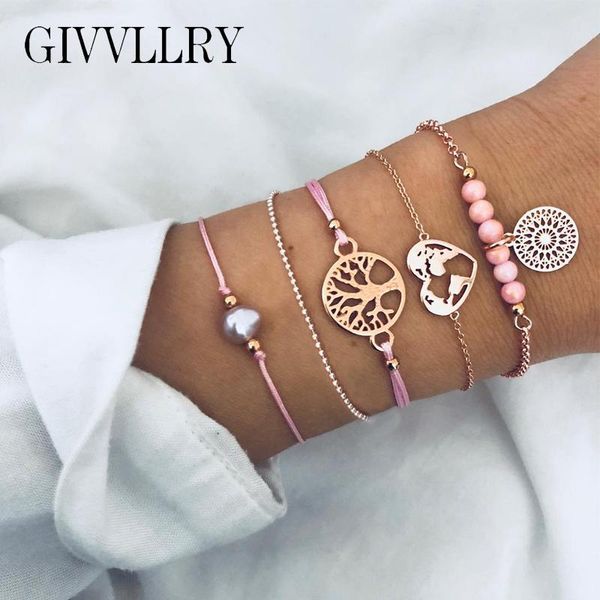 

charm bracelets givvllry 5 pcs/set pink stone beaded for women creative carved hollow tree of life heart set, Golden;silver