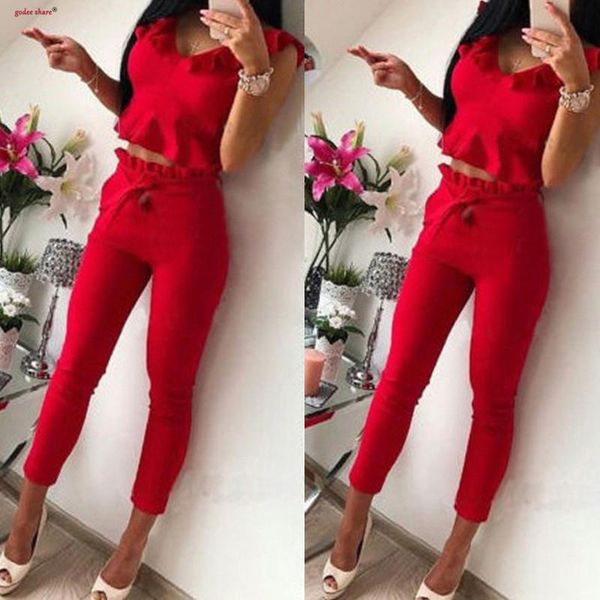 

femme two pieces set & pants solid sleeveless ruffles women outfits summer female clothing suits plus size xxxl women's piece, White