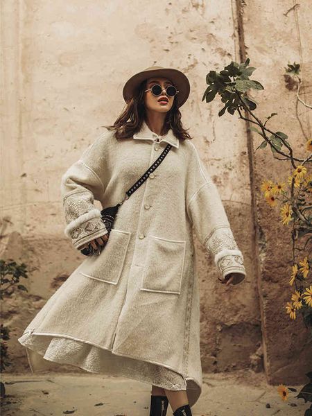 

women's wool & blends fall winter coats for women korean fashion casual jacket original design vintage embroidered irregular long coat, Black