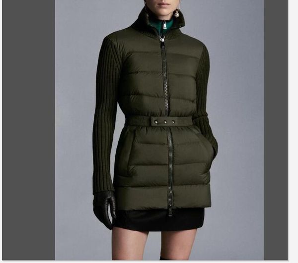 

women knitting stand collar down coat warm with belt design jacket long slim parkas black /white /red /green color s-2xl