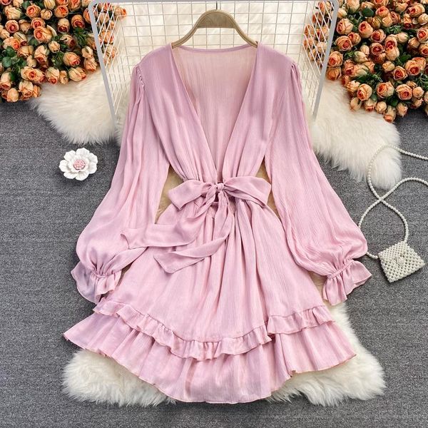 

casual dresses deep v-neck ruffle lace mini dress women pink/black/white flare long sleeve high waist a-line slim vestidos autumn cloth, Black;gray