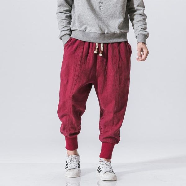 

men's pants chinese style harem men streetwear casual joggers mens cotton linen sweatpants ankle-length trousers m-5xl, Black