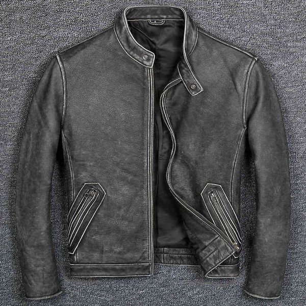 

men's leather & faux . classic male-style classic leather jacket 100% legitimate . vintage quality motorcycle jacket., Black