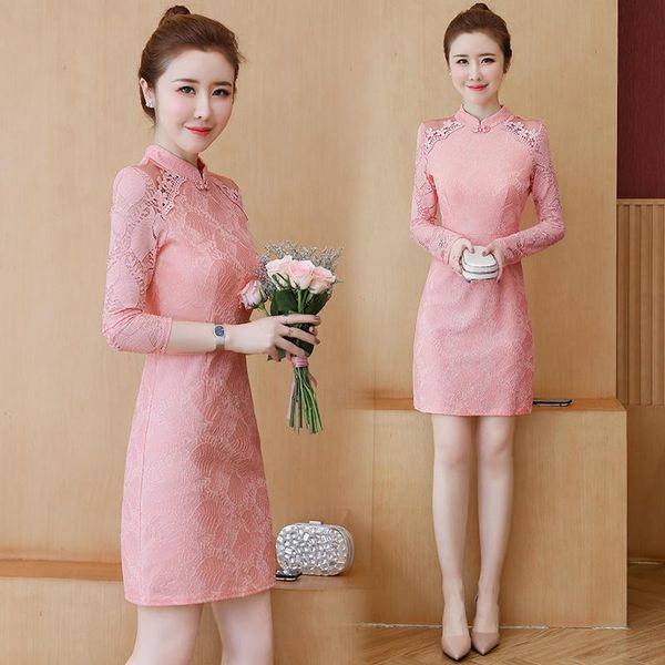 

casual dresses women dress autumn 2022 office lady korea style cheongsam long sleeve solid lace stand neck pink red blue black, Black;gray