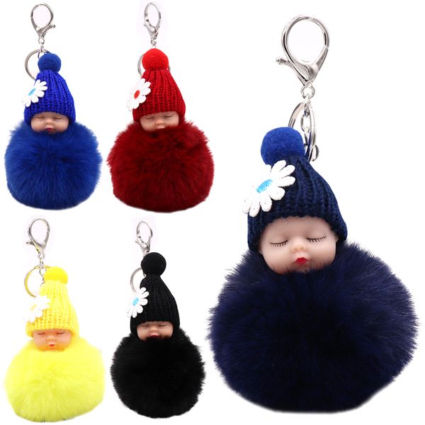 

20 styles cute sleeping baby doll key rings fashion fuzzball pompom keychains for women fluffy car pendant keyring jewelry kimter-p25fa, Slivery;golden