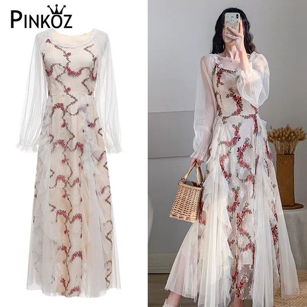 

designer style vintage retro embroiderird flower long sleeve young lady high waist luxury dresses for women vestidos robe 210421, Black;gray