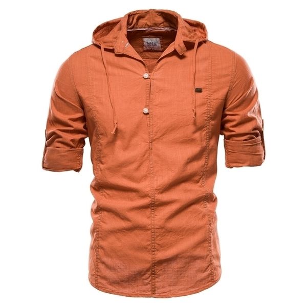 

new design hoodied long sleeve linen shirt men solid color 100% cotton quality pullover shirt for men streetwear men's shirts 210410, White;black