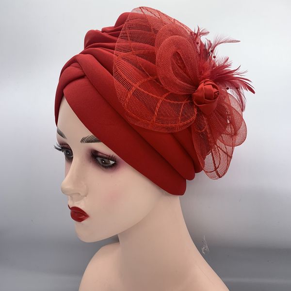 

lastest feather flower turban bonnet for women muslim headscarf caps wedding party headwear turbante mujer african headtie, Blue;gray