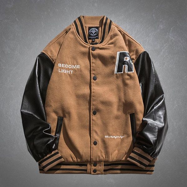 

men's jackets japan style baseball mens letter embroidery patchwork pu leather sleeve coats harajuku casual loose bomber jacket unisex, Black;brown