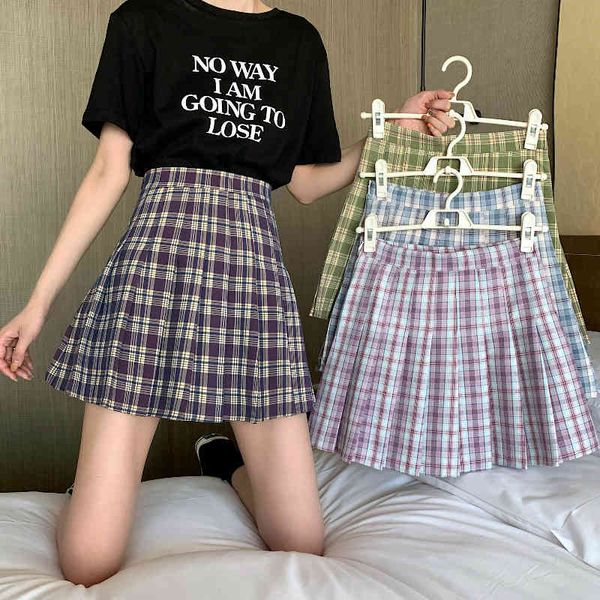 

skirts spring preppy candy plaid mini pleated skorts high waist zipper a- line solid short for school girls axvd, Black