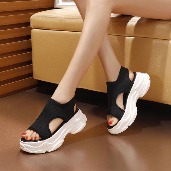 

dress shoes sandals women's thick bottom increased sponge cake casual 2021 summer socks wild high-heeled, Black