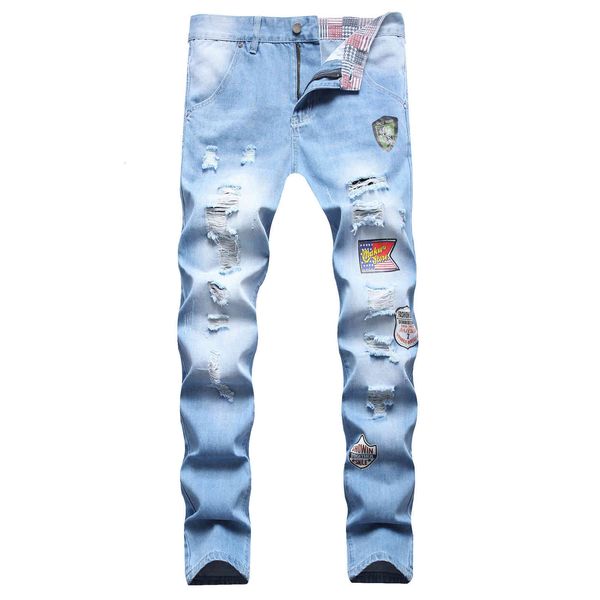 

jeans new four seasons cut hole light blue stamping design small straight for men