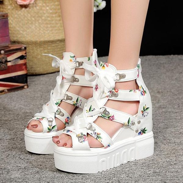

leisure wedges sandals women fashion summer lace up high heels platform ethnic flower floral dress shoes, Black