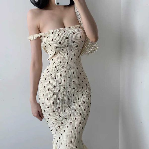 Verão Pastoral Storm Point Strap Dress Strapless Sem Mangas Slim Wellim Cintura Fishtail Dress Midi Vestido Chiffon Y0603