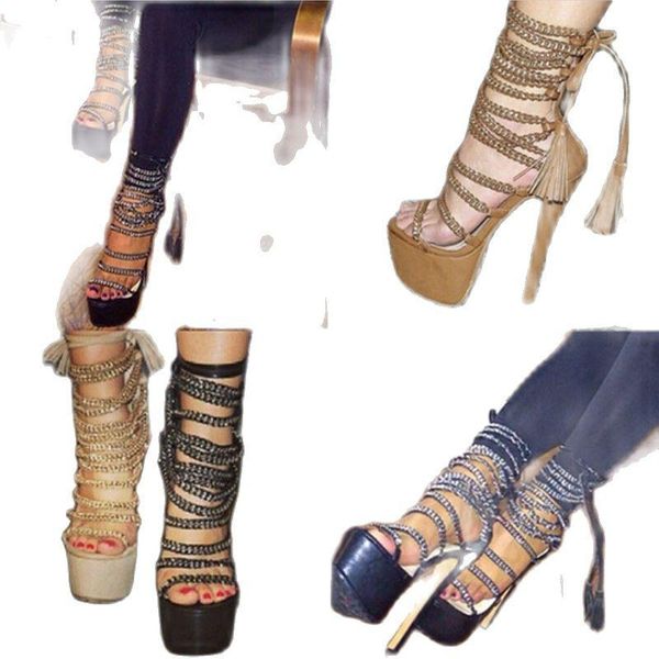 

sandals selling open toe cut-outs strappy high platform sandal shoes woman fashion tassels ankle lace up higih heel, Black