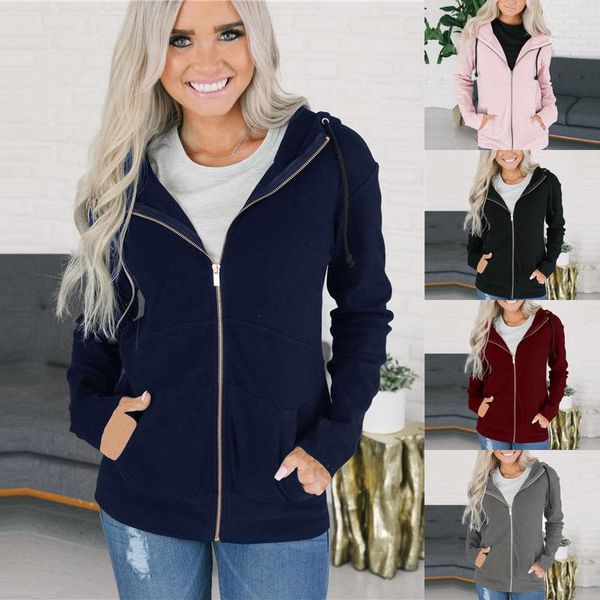 

women's hoodies & sweatshirts solid color zipper hoodie pullovers sweatshirt autumn winter women warm fleece jacket coat campus casual, Black