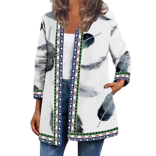 

women's knits & tees 2021 autumn winter cardigan vintage long sleeve floral printed cotton flax soft ladies loose outerwear chic coat, White