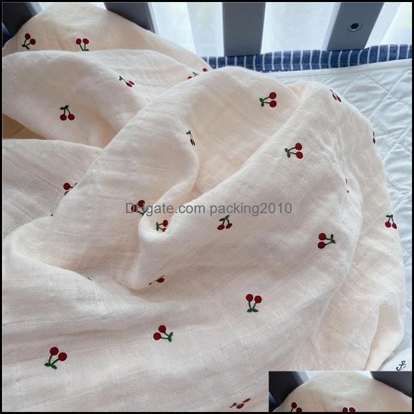 Cobertores Têxteis Home Gardankets Cereja Impresso Muslin Bebê Cobertor Puro Algodão Gaze Born Swaddle Para Bebês Swaddling Envoltório Er S