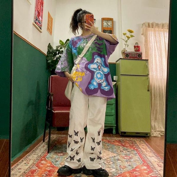 

print streetwear high waist pants women cargo sweatpants womans wide leg straight plus size casual trousers black ankle-length 200930, Black;white